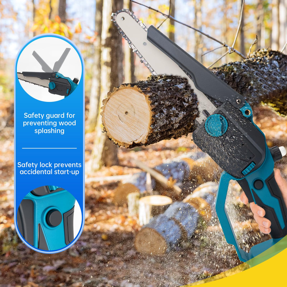 Higoom cordless chainsaw 8-inch guide plate shown for accurate cuts