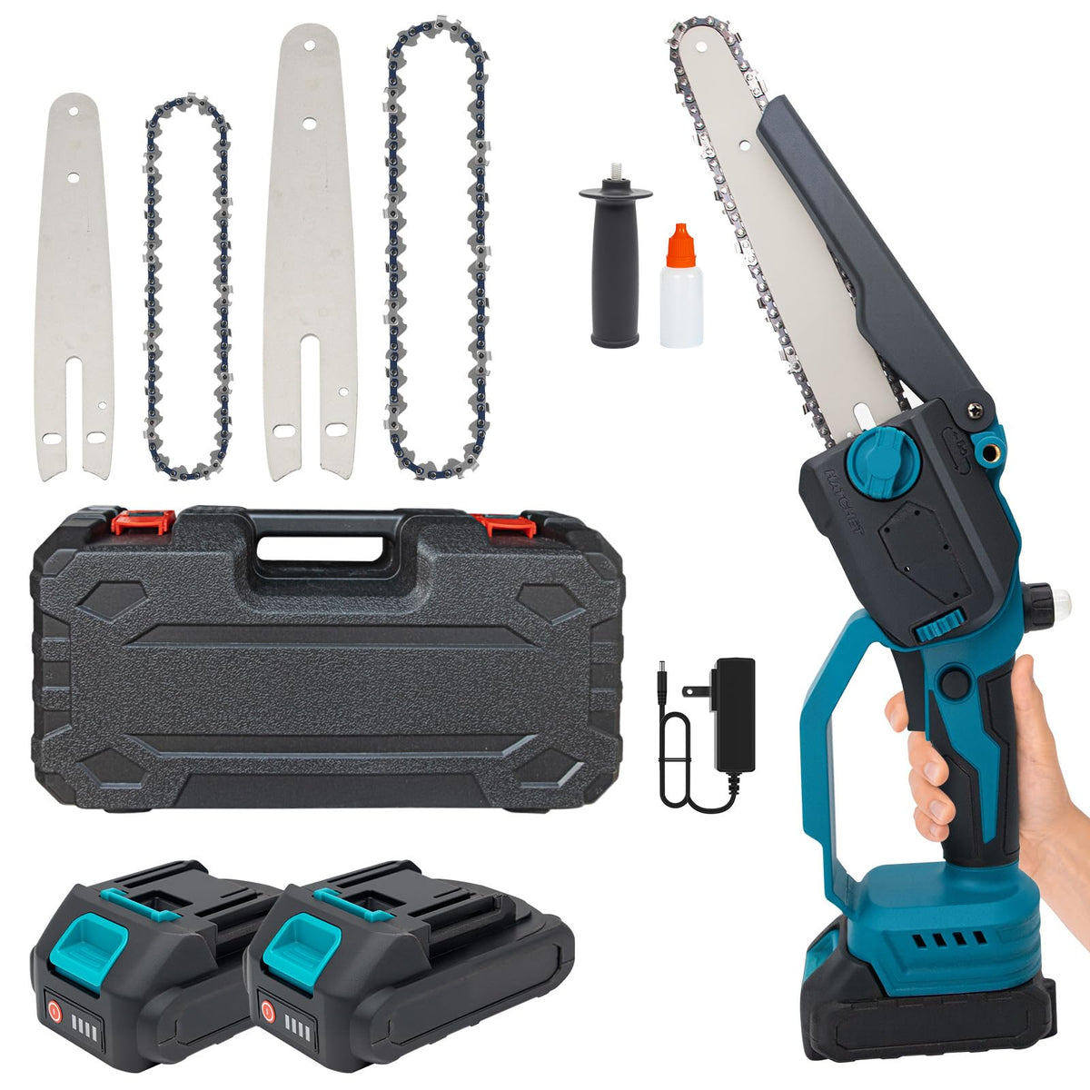 Higoom cordless chainsaw in use for precise pruning and wood cutting