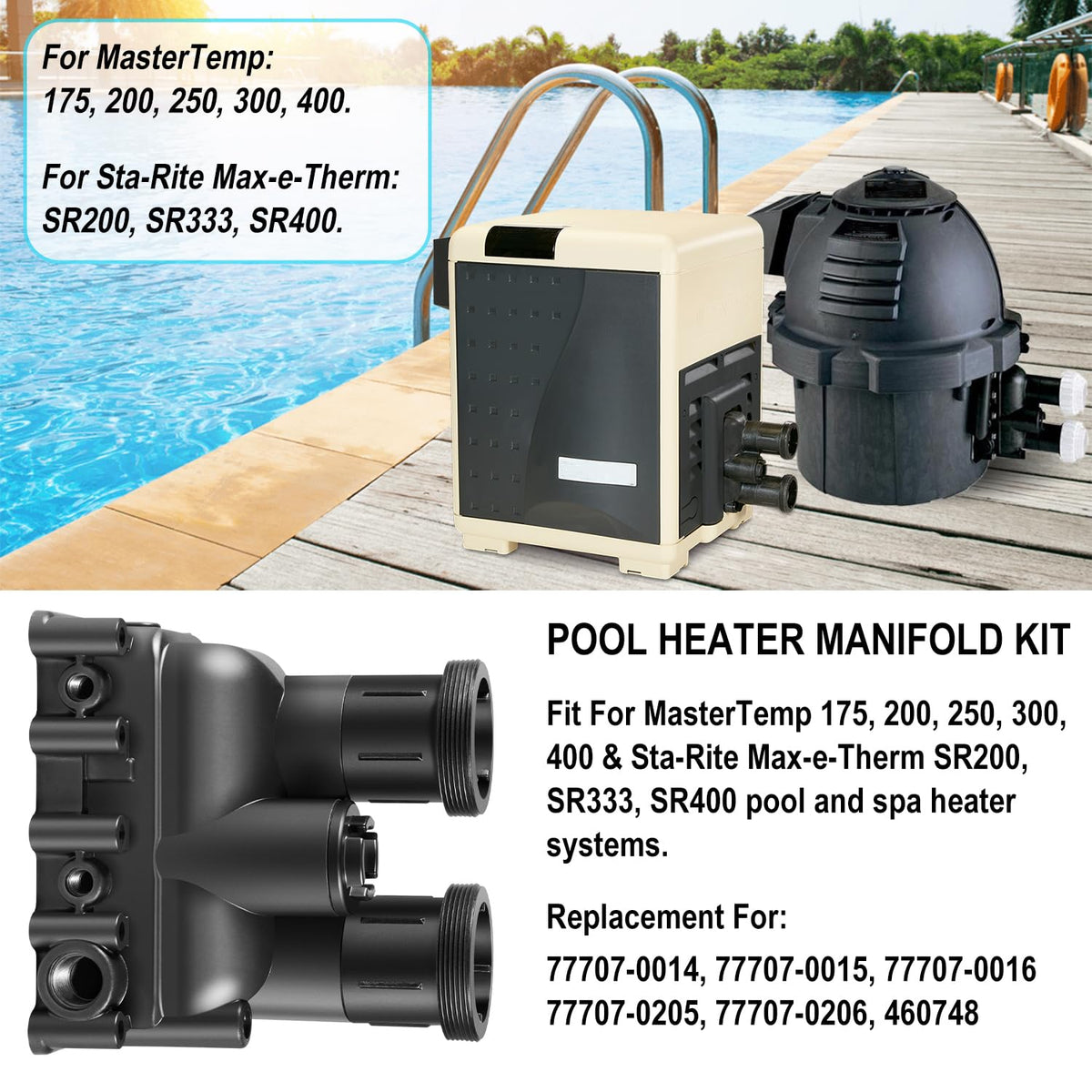 Hihitomorrow manifold kit for Sta-Rite Max-e-Therm SR200/SR333/SR400 enables precise replacement.