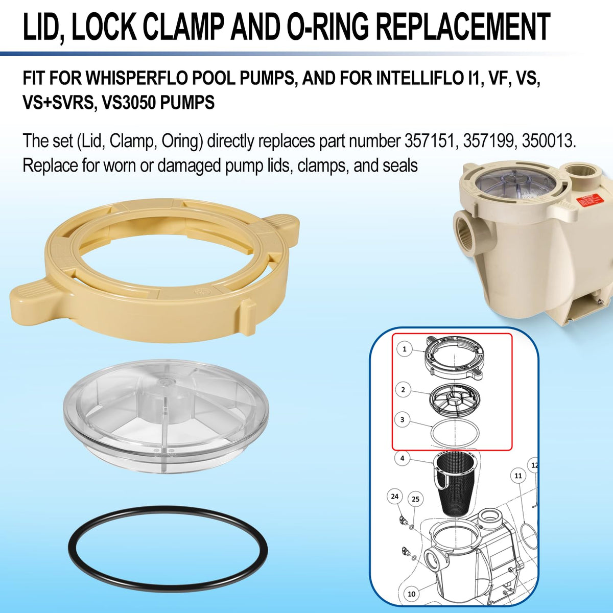 Hihitomorrow replacement kit includes lid, clamp, and O-ring for a one-stop repair.