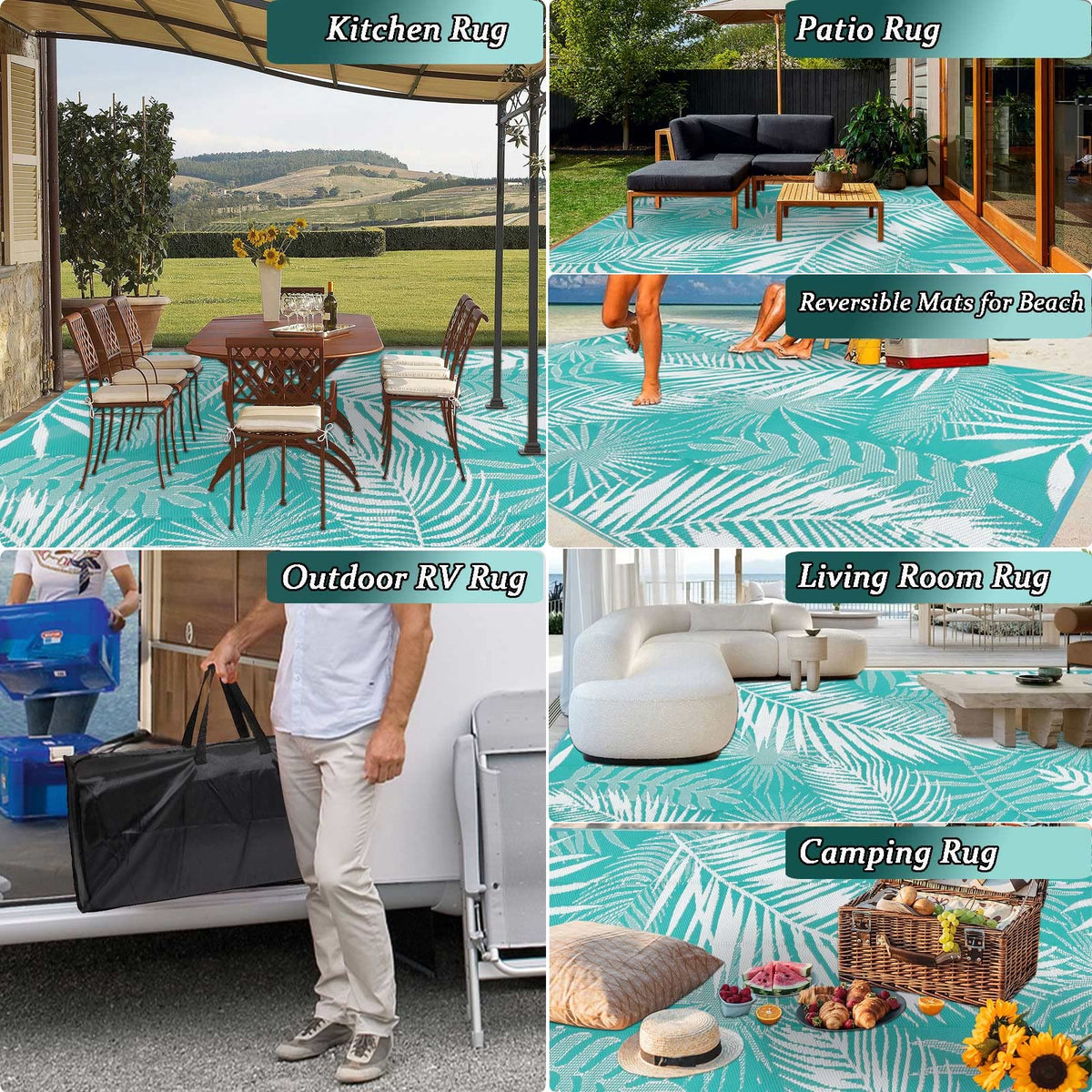 HiiARug recycled-plastic straw material provides durable, eco-friendly outdoor rug.
