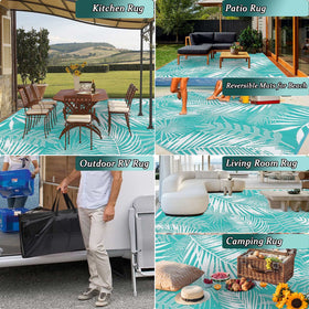 HiiARug recycled-plastic straw material provides durable, eco-friendly outdoor rug.