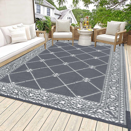 HiiARug reversible mat with dual patterns, waterproof and easy-care for patios.