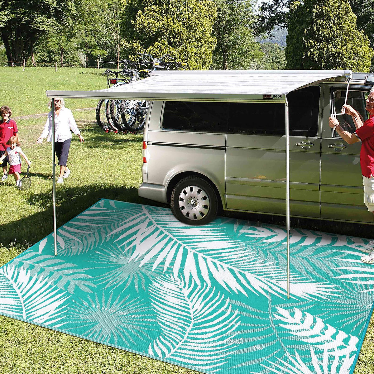 HiiARug waterproof RV rug for decks, patios, and camping areas.