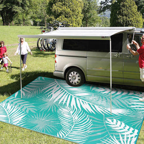 HiiARug waterproof RV rug for decks, patios, and camping areas.