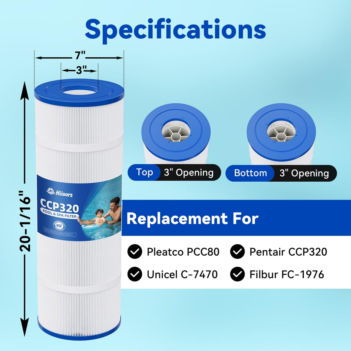 Hiioors CCP320 pack close-up dimensions for precise, leak-free fit.
