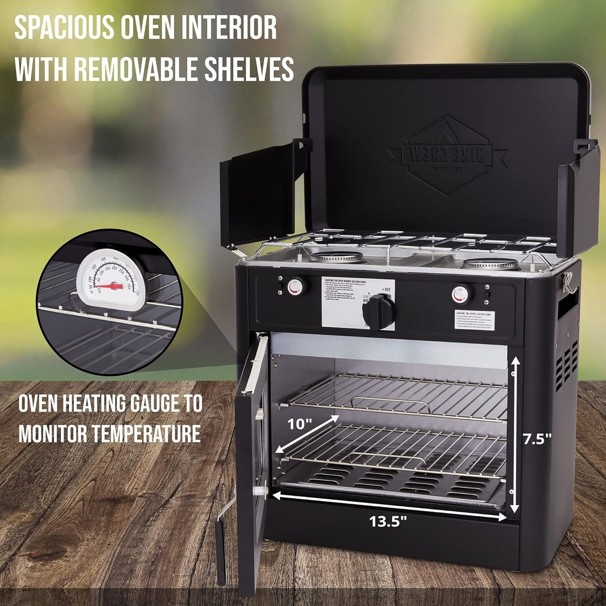 Hike Crew built-in thermometer and controls for precise cooking