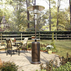 Hiland AZ Patio Heater with adjustable table supports drinks and snacks outdoors.