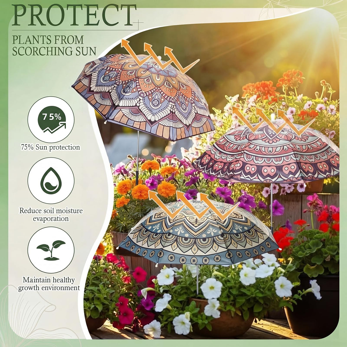 Hillban mandala umbrella stays upright with three sturdy stakes