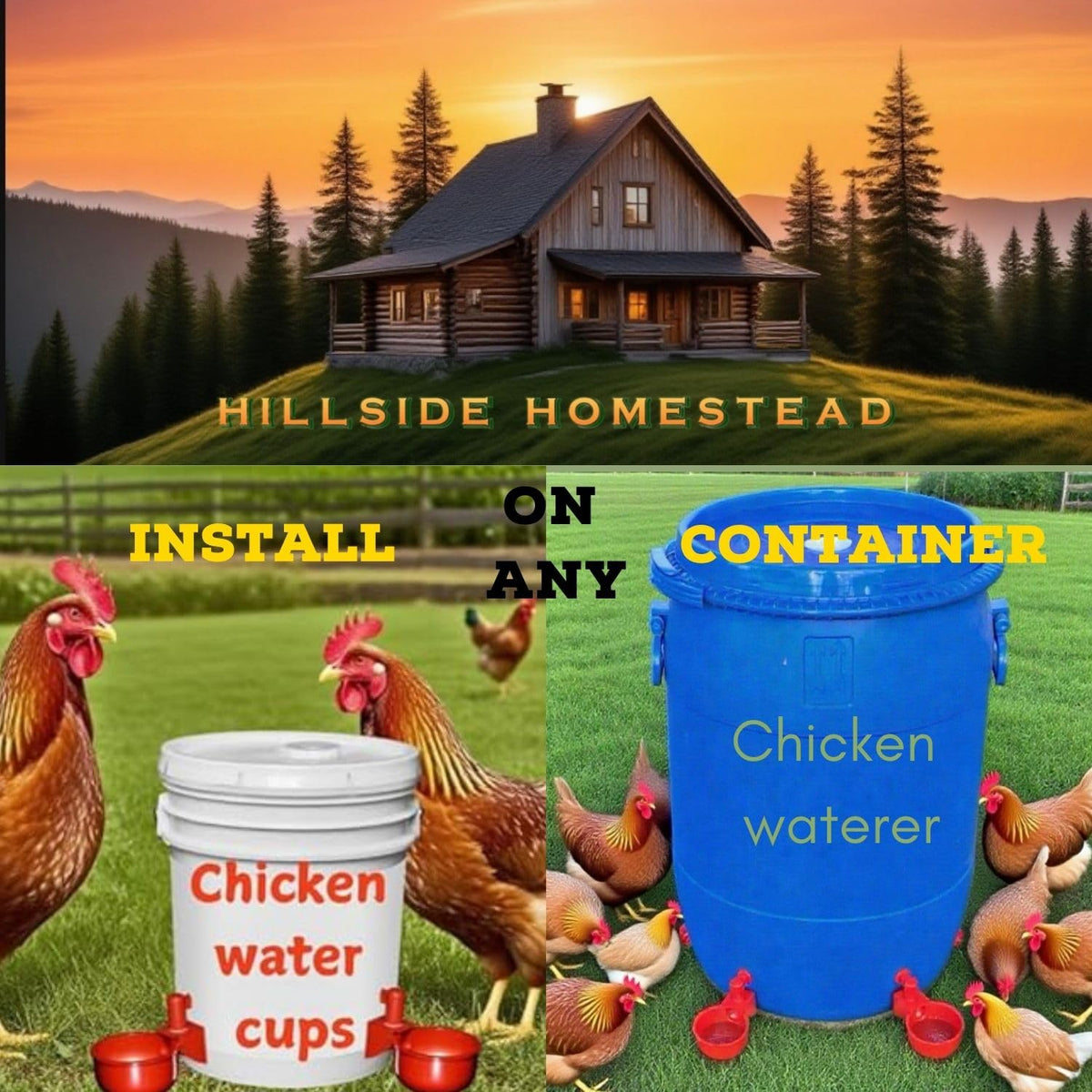 Chickens and other poultry using Hillside Homestead cups in coop