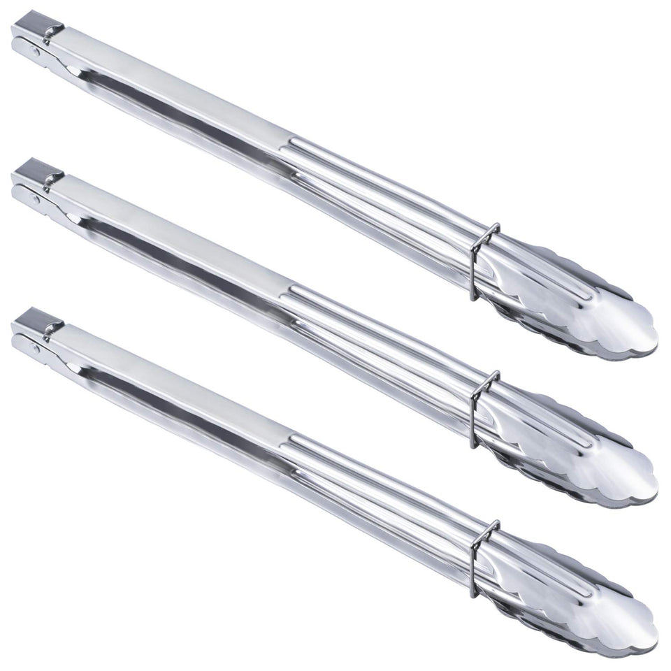 Close-up of HINMAY 16-inch extra-long tongs gripping hot food safely.