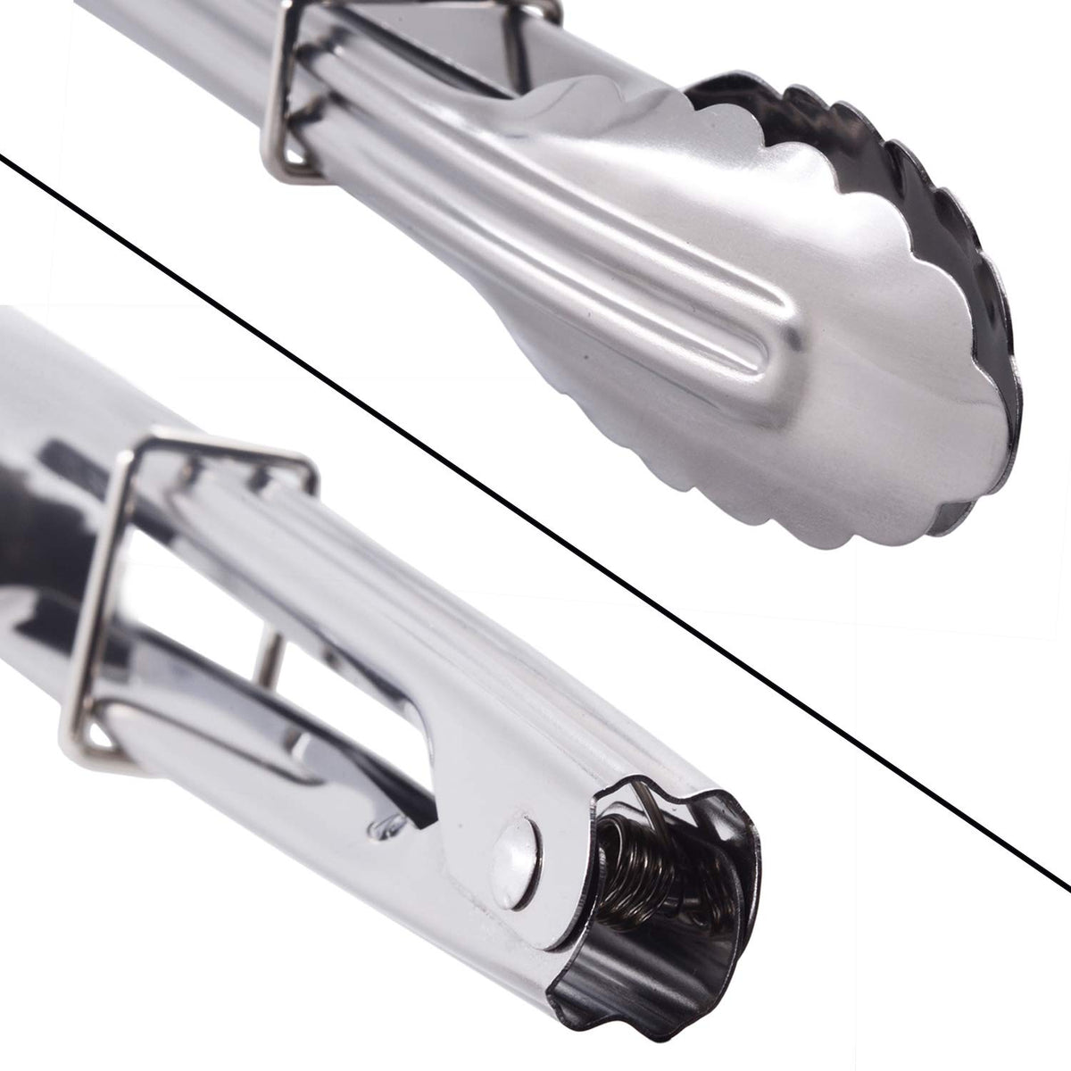 HINMAY durable stainless steel tongs 7-inch side view emphasize strength and lightweight feel.
