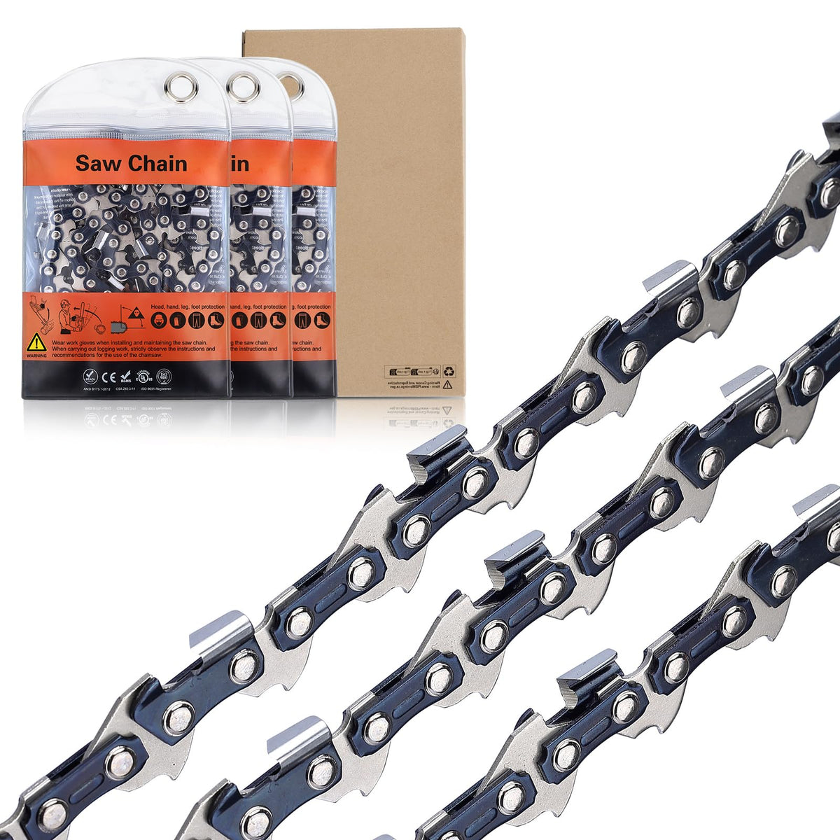 Hipa 10 inch chain close up showing 3/8 LP pitch and 0.043 gauge for smooth cuts