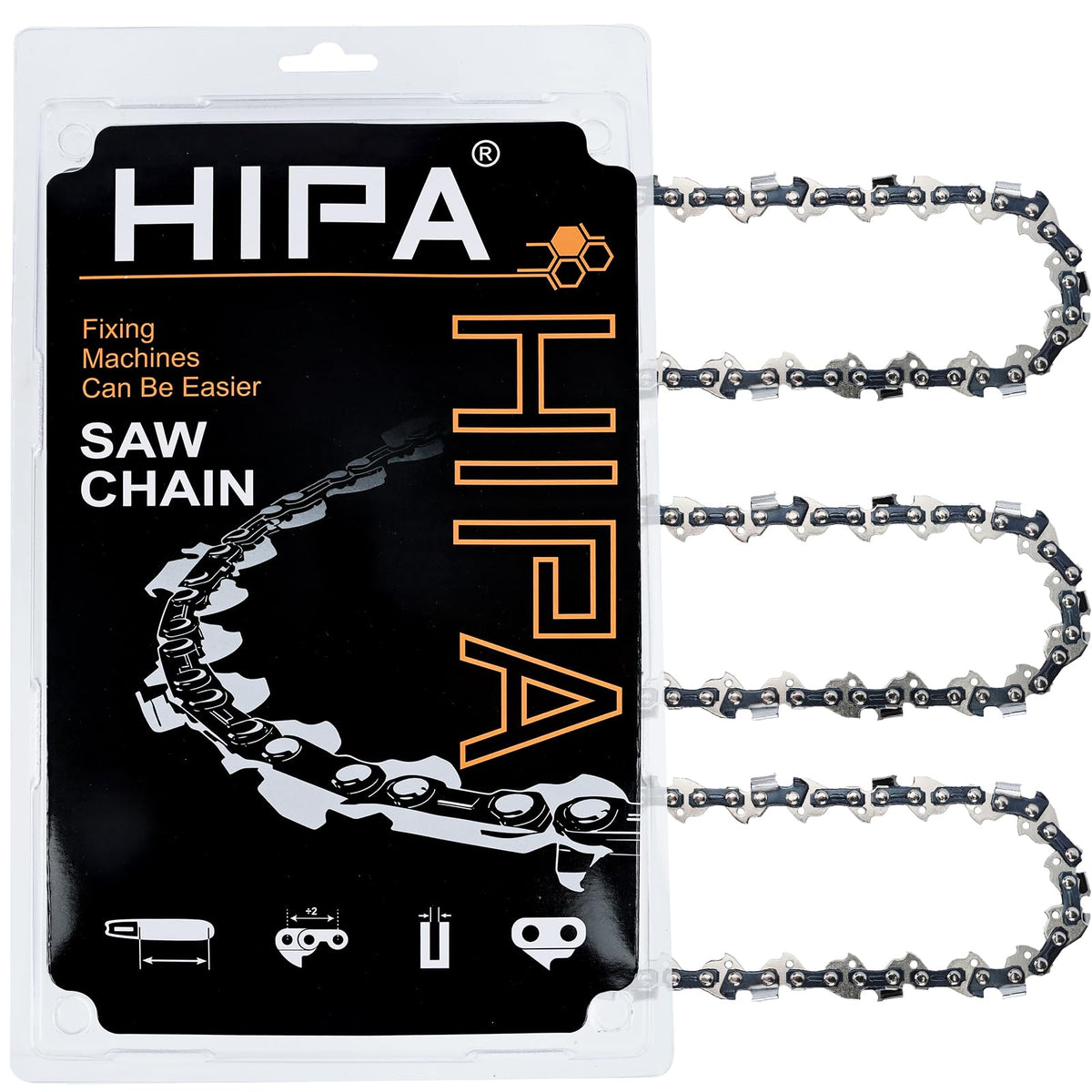 Hipa 16-inch chainsaw chain with 3/8 LP pitch and 57 drive links for versatile cutting.