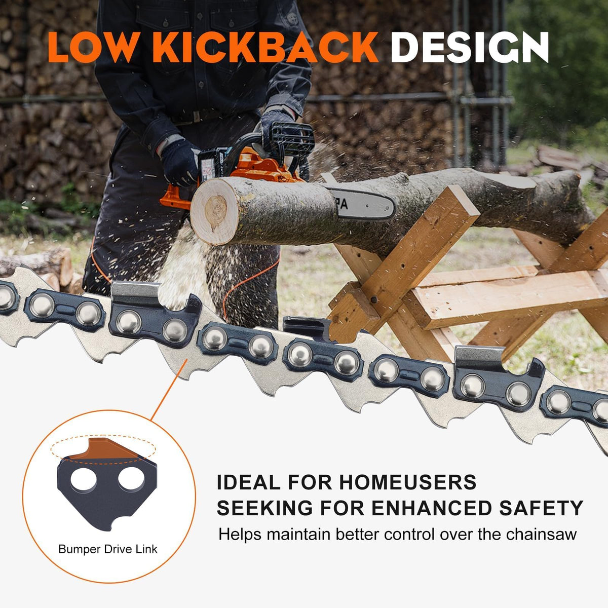Hipa 16-inch chain low kickback design on bar for safer control.