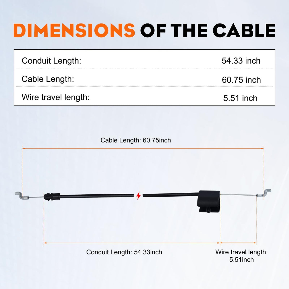 Hipa 61.5-inch cable with 54.5-inch conduit for long mower installations.