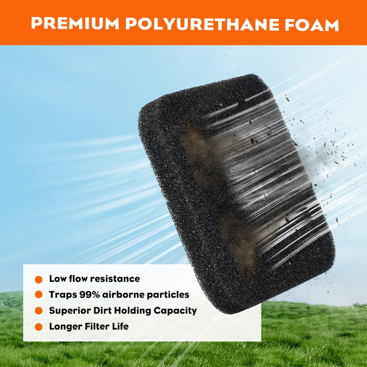 Hipa foam-filter element detail highlights durable material and dirt capture.