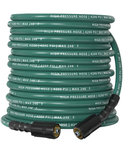 HiPrewaPro 50 ft green hose showing flexible outdoor cleaning capability