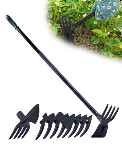 HIPULX 5-in-1 hoe assembly shows quick head changes for versatile garden tasks.