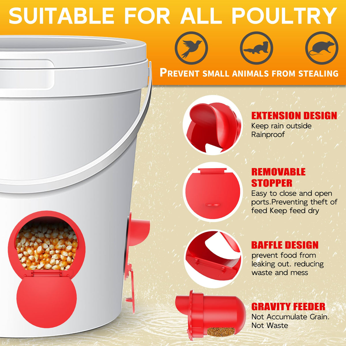 Hipykat chicken feeder port stopper lid provides rain protection and spill prevention.