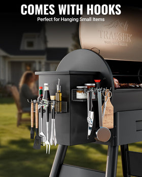 HIQCVOU storage bin with anti-slip hooks keeps tools within reach while grilling.
