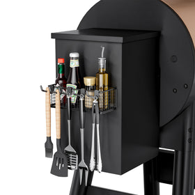 HIQCVOU magnetic storage bin on grill hopper for secure magnetic attachment.