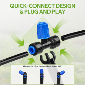 HIRALIY emitter with stake shown placed in soil for stable outdoor watering.