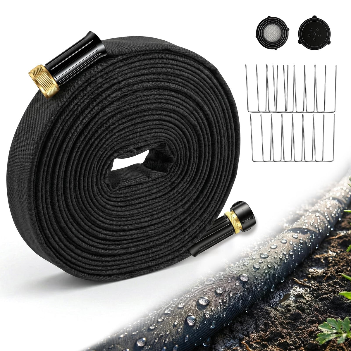 HIRALIY thickened flat soaker hose 50 ft for efficient watering.
