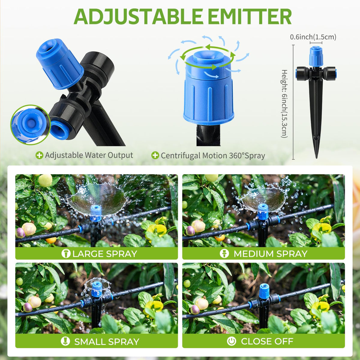 HIRALIY vortex-adjustable-flow emitter demonstrates customizable watering for diverse plant needs.