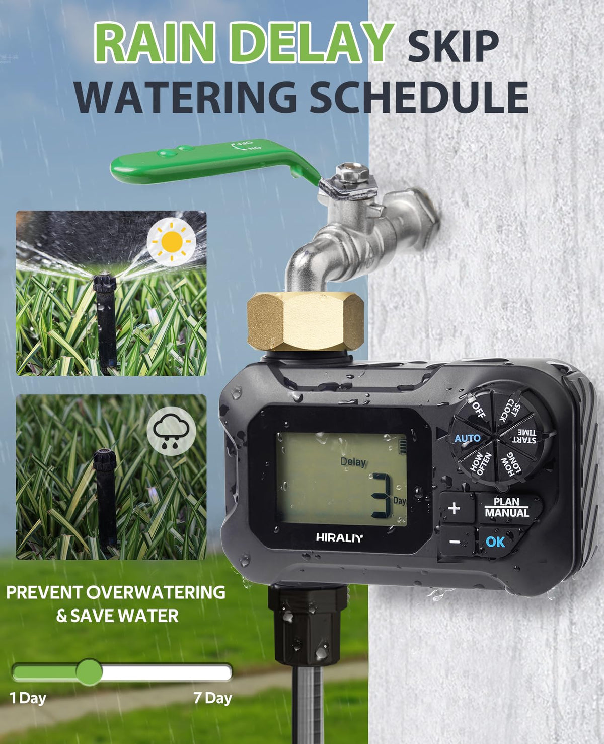HIRALIY water timer auto-mode setup demonstrating start time and duration