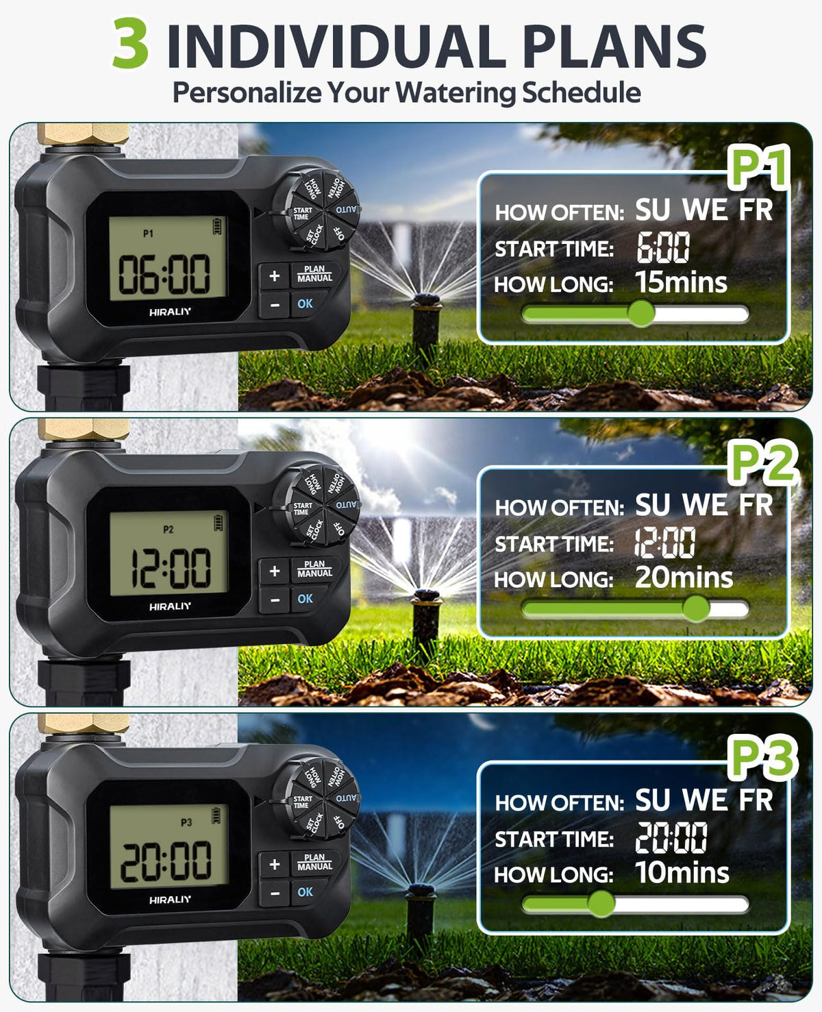 HIRALIY water timer back panel showing easy setup and programming