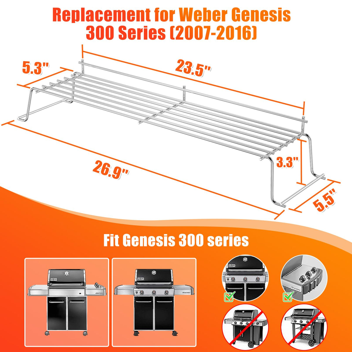 Side profile shows raised design for flexible cooking on Weber Genesis.