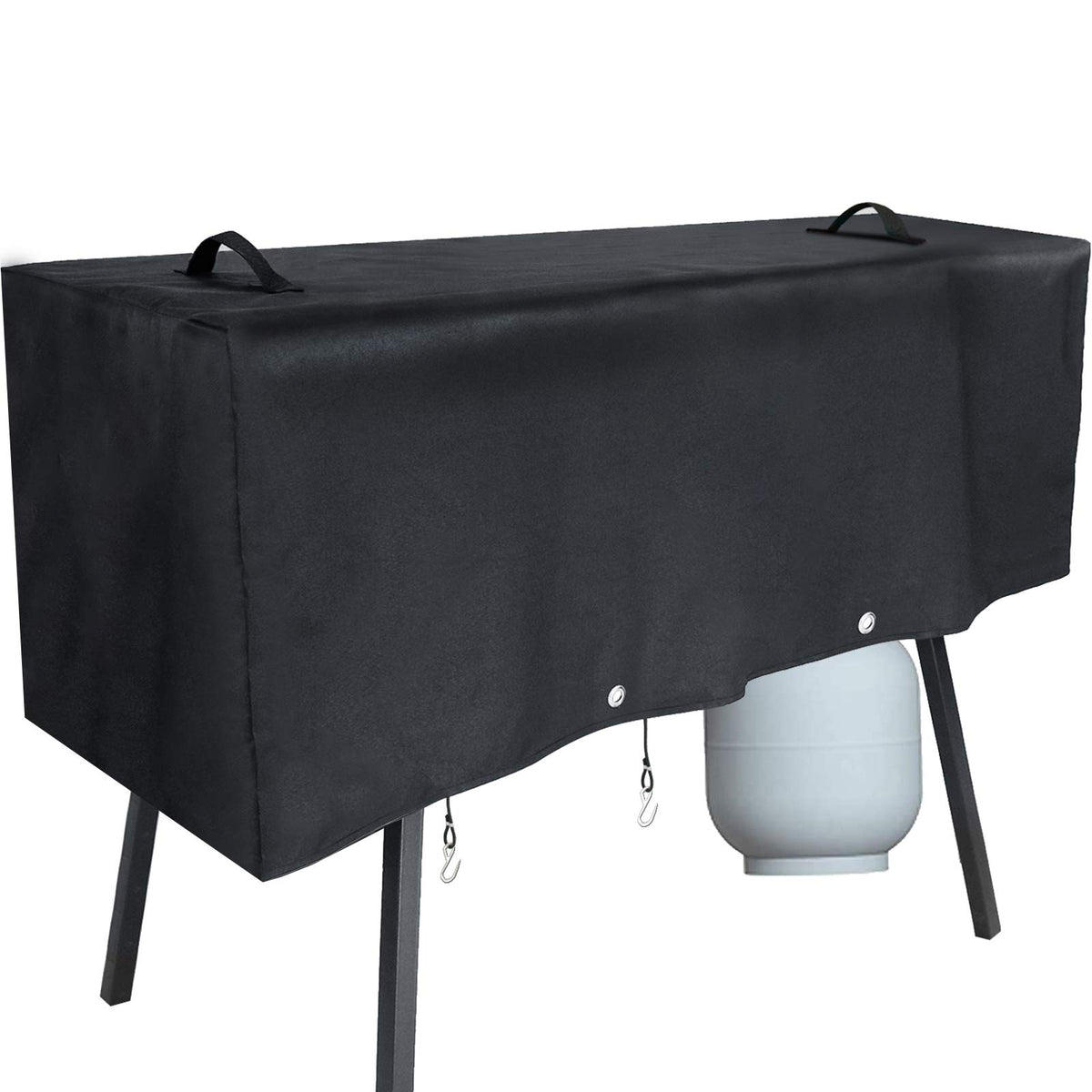Hisencn stove cover on Camp Chef 3-burner stove, front view, for rain and dust protection