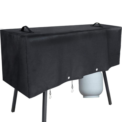 Hisencn stove cover on Camp Chef 3-burner stove, front view, for rain and dust protection