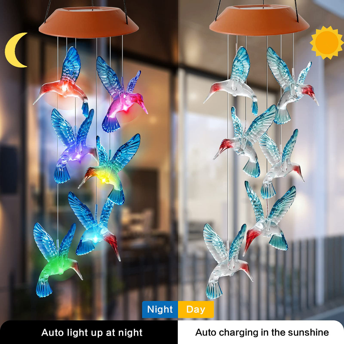 HiSolar solar wind chimes color changing lights decorate the patio after sunset