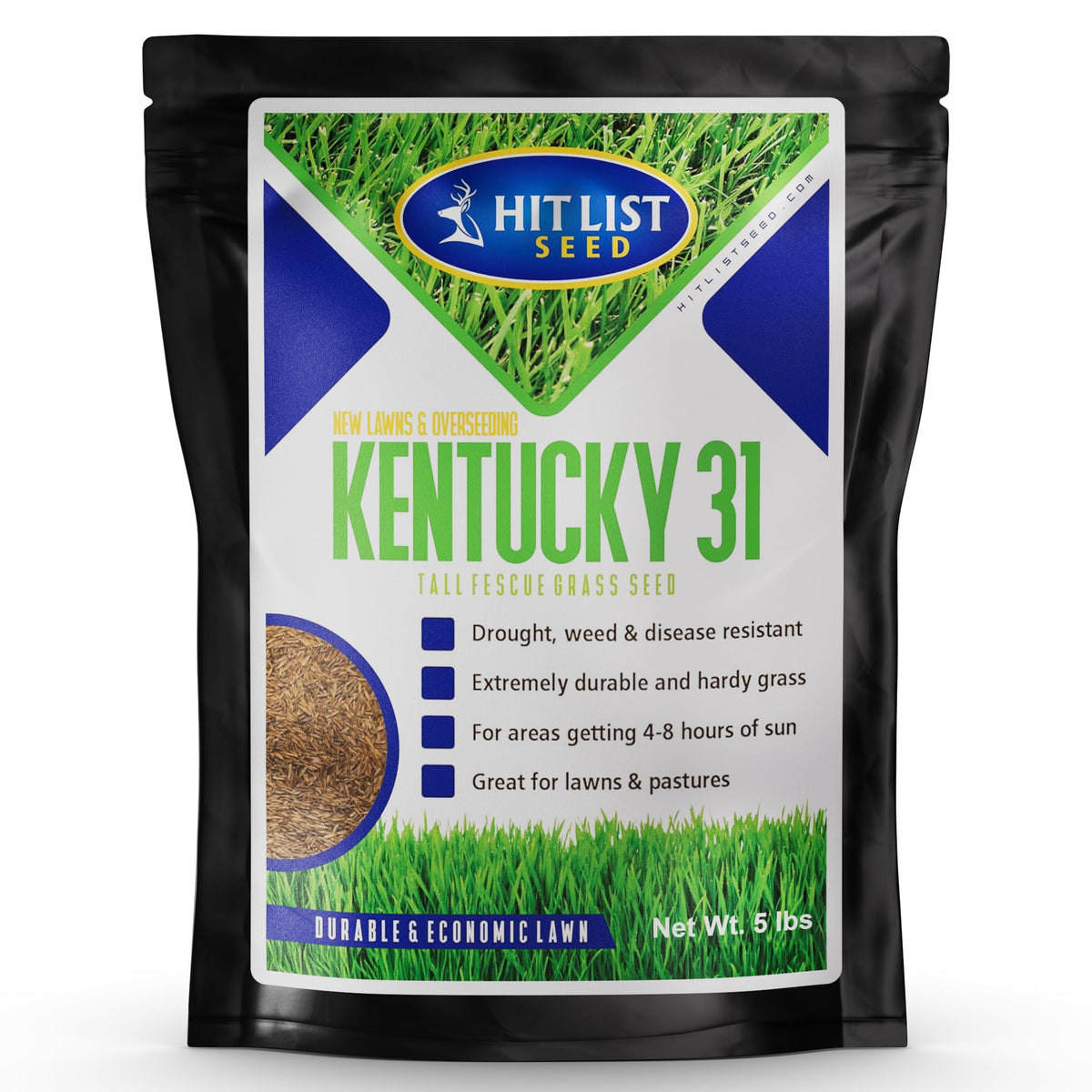 Hit List Seed KY31 tall fescue seed bag in sun, signaling durable forage readiness