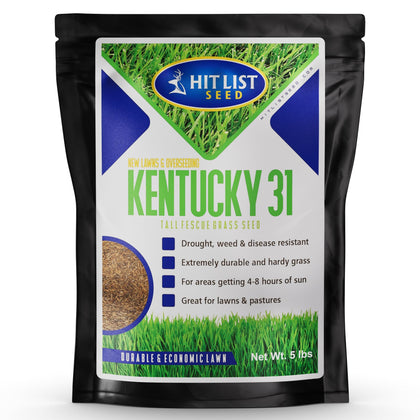 Hit List Seed KY31 tall fescue seed bag in sun, signaling durable forage readiness