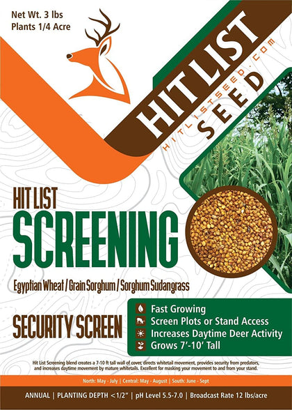 Hit List Seed Screening Blend Egyptian Wheat cover shows concealment for deer movement
