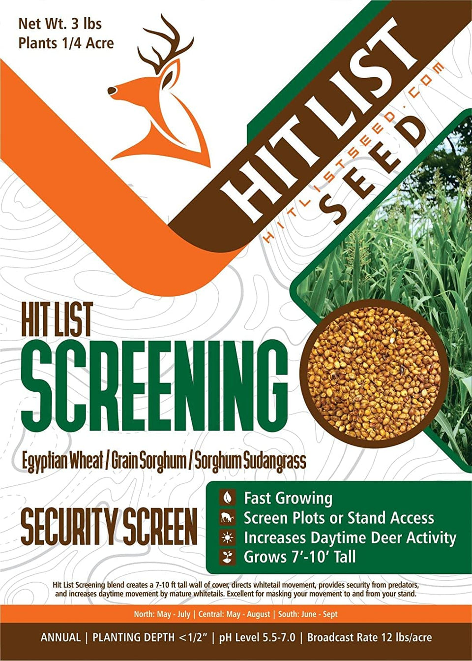 Hit List Seed Screening Blend Egyptian Wheat cover shows concealment for deer movement