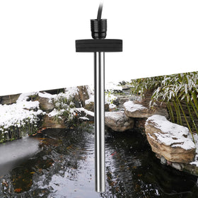 HITOP outdoor pond heater floating on water surface creating an ice melt area.
