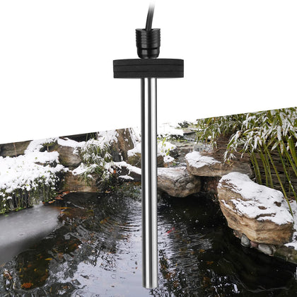 HITOP outdoor pond heater floating on water surface creating an ice melt area.