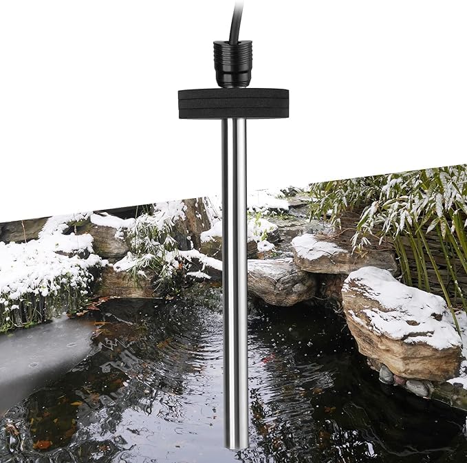 Hitop outdoor pond heater with foam float keeps the unit buoyant for winter ponds