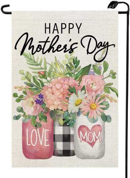 HIUCUS Love Mom garden flag with pink floral design for outdoor welcome.