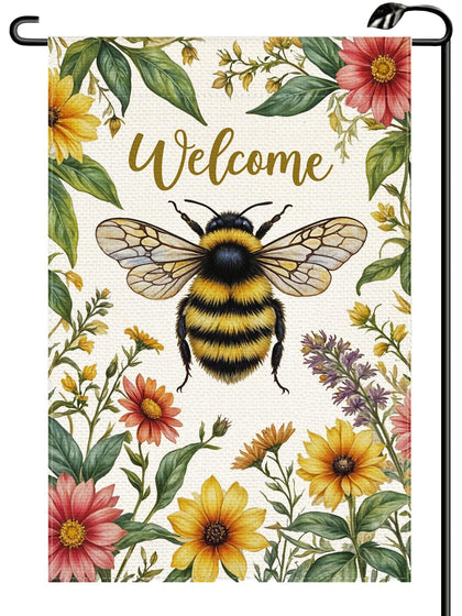 HIUCUS Summer Floral Bee garden flag, double-sided 12x18 inch design to welcome guests