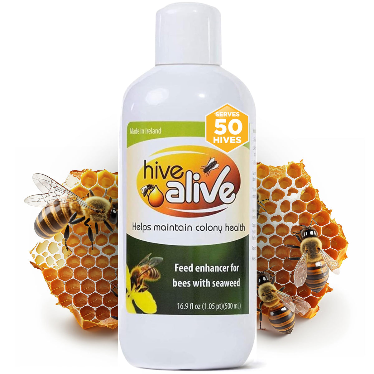 HIVE ALIVE bee food supplement 500ml bottle for seasonal feeding.