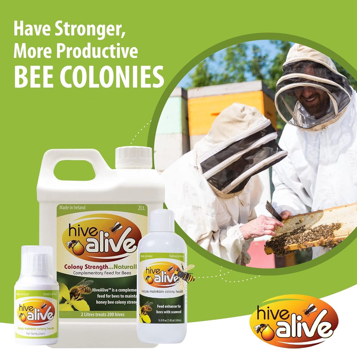 HIVE ALIVE bottle pouring action highlights easy dosing for beekeeping.