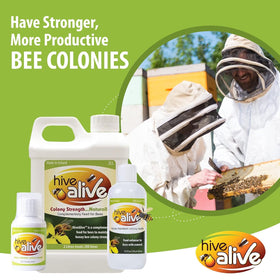 HIVE ALIVE bottle pouring action highlights easy dosing for beekeeping.