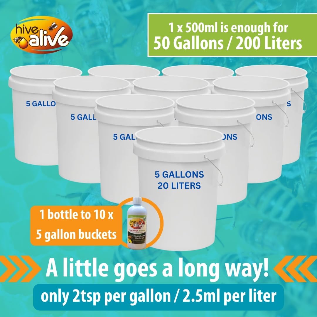 HIVE ALIVE liquid concentrate feeding for 50 hives improves colony resilience.