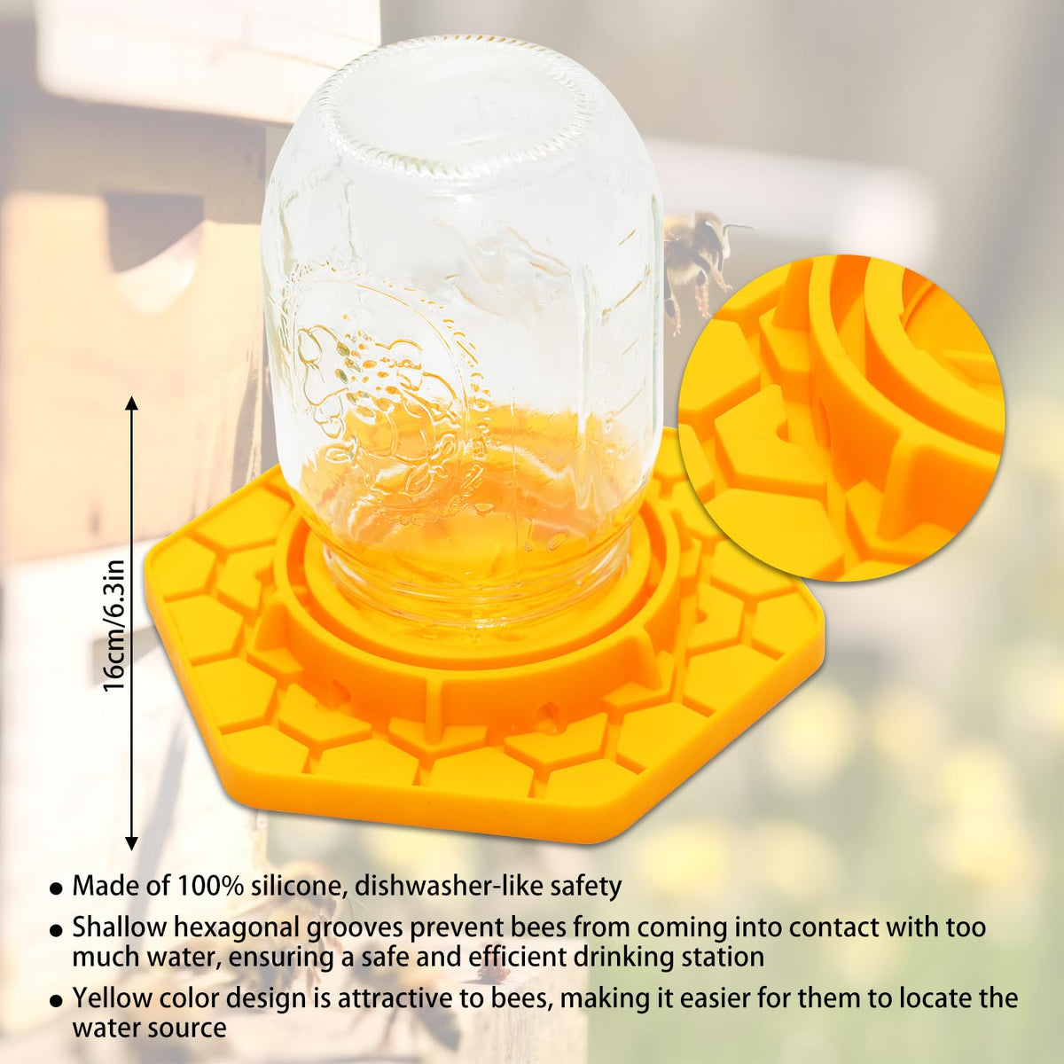 Mason jar-compatible HiveSweet feeder ensures water access for hives.