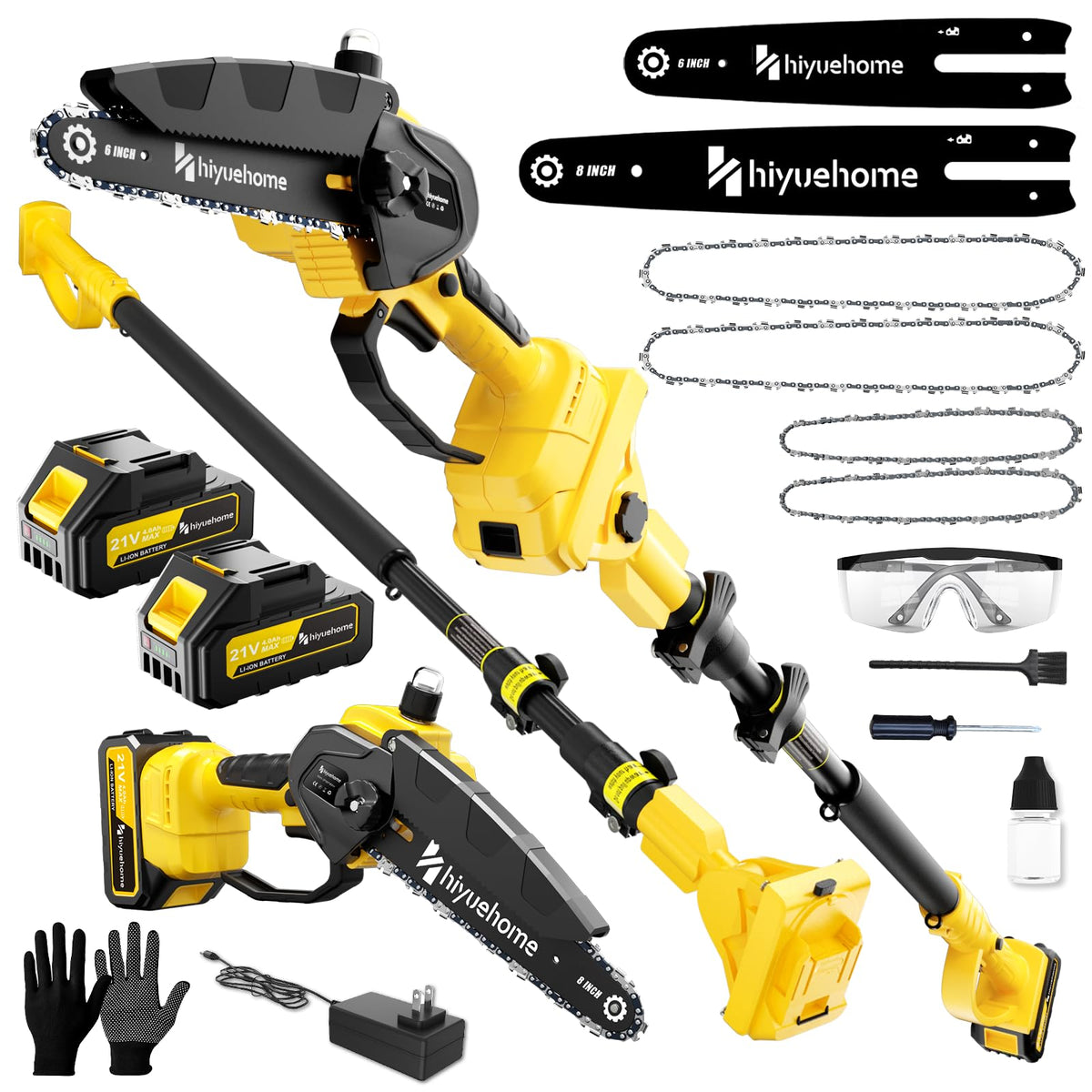 Hiyuehome 21V cordless pole saw with a 6-inch bar for precise pruning.